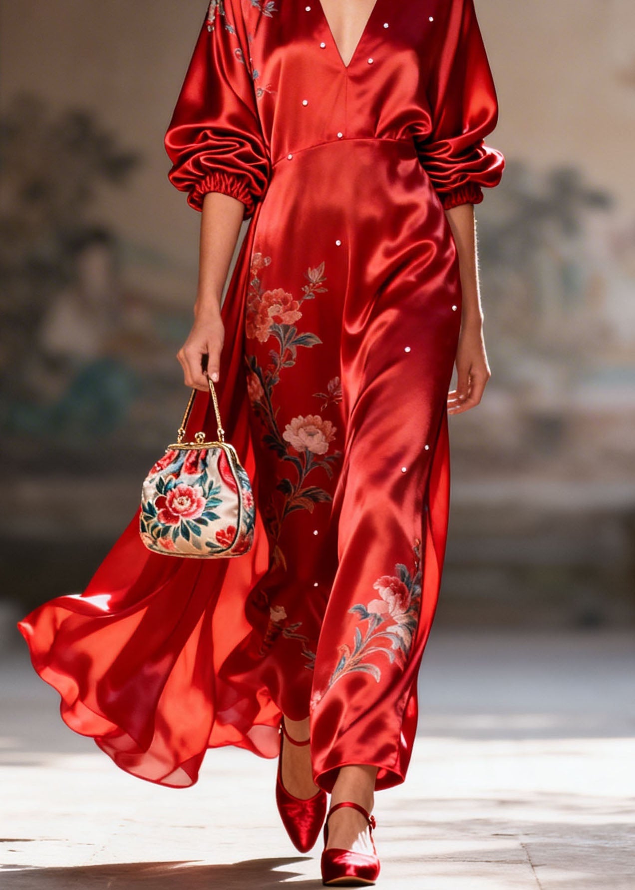 New Red V Neck Print Pearl Silk Long Dress Summer