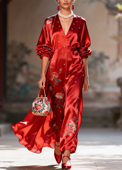 New Red V Neck Print Pearl Silk Long Dress Summer