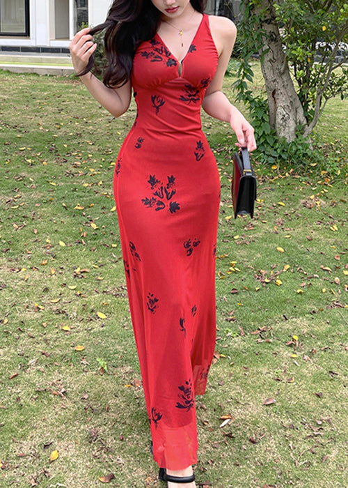 New Red V Neck Print Tulle Maxi Dresses Sleeveless