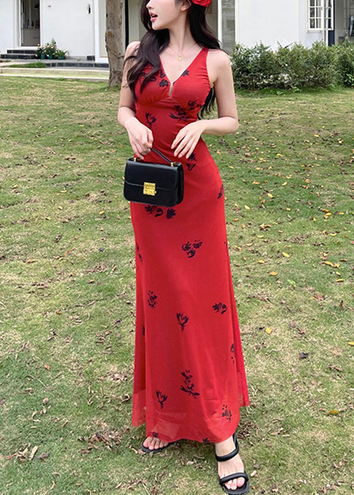 New Red V Neck Print Tulle Maxi Dresses Sleeveless