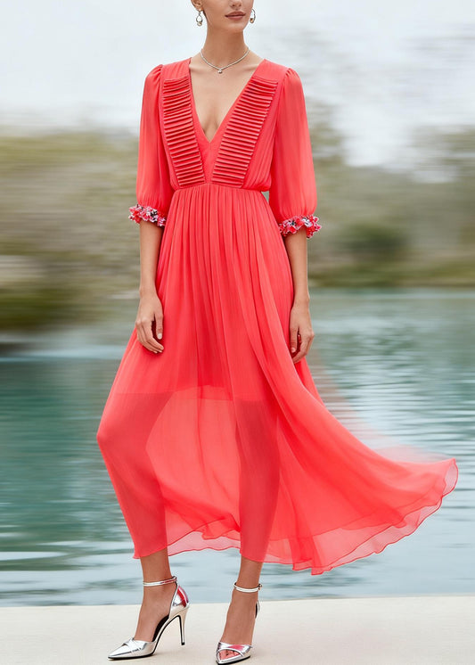 New Red V Neck Wrinkled Floral Patchwork Chiffon Dress Summer