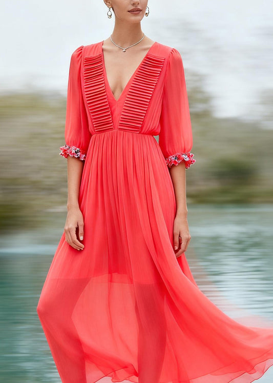New Red V Neck Wrinkled Floral Patchwork Chiffon Dress Summer