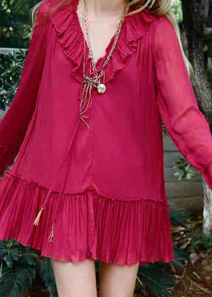 New Red V Neck Wrinkled Lace Up Cotton Mini Dresses Fall