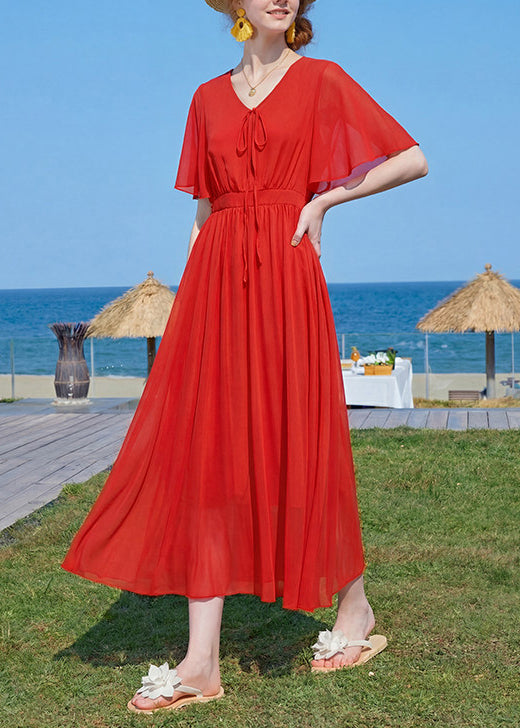 New Red V Neck Wrinkled Patchwork Chiffon Maxi Dress Summer