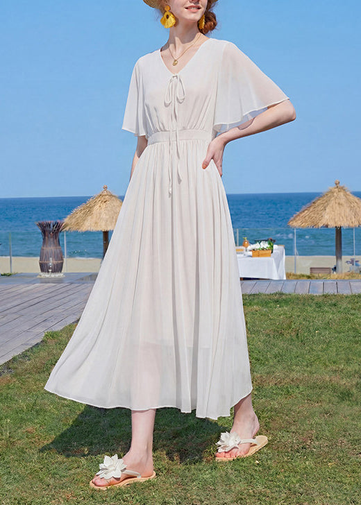 New Red V Neck Wrinkled Patchwork Chiffon Maxi Dress Summer