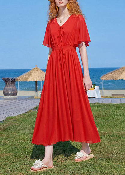 New Red V Neck Wrinkled Patchwork Chiffon Maxi Dress Summer