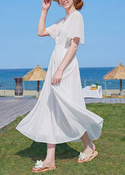 New Red V Neck Wrinkled Patchwork Chiffon Maxi Dress Summer