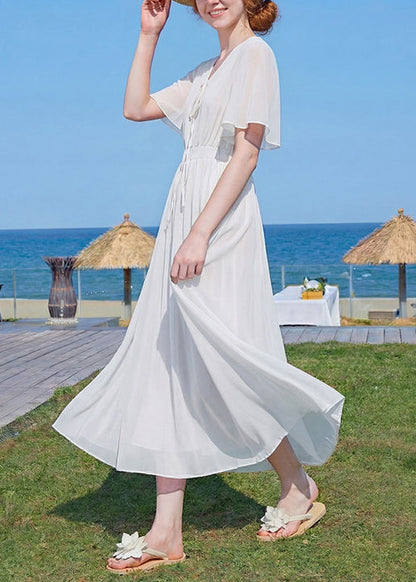 New Red V Neck Wrinkled Patchwork Chiffon Maxi Dress Summer