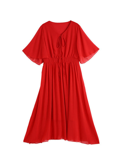 New Red V Neck Wrinkled Patchwork Chiffon Maxi Dress Summer
