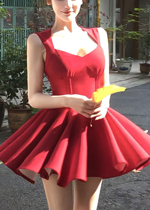 New Red V Neck Zippered Cotton Mini Dresses Sleeveless