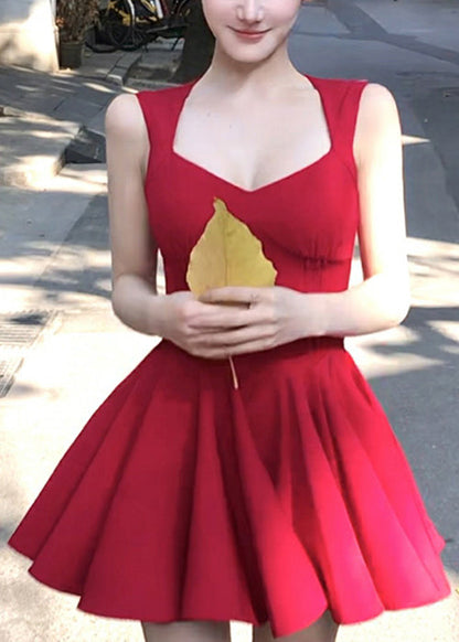 New Red V Neck Zippered Cotton Mini Dresses Sleeveless