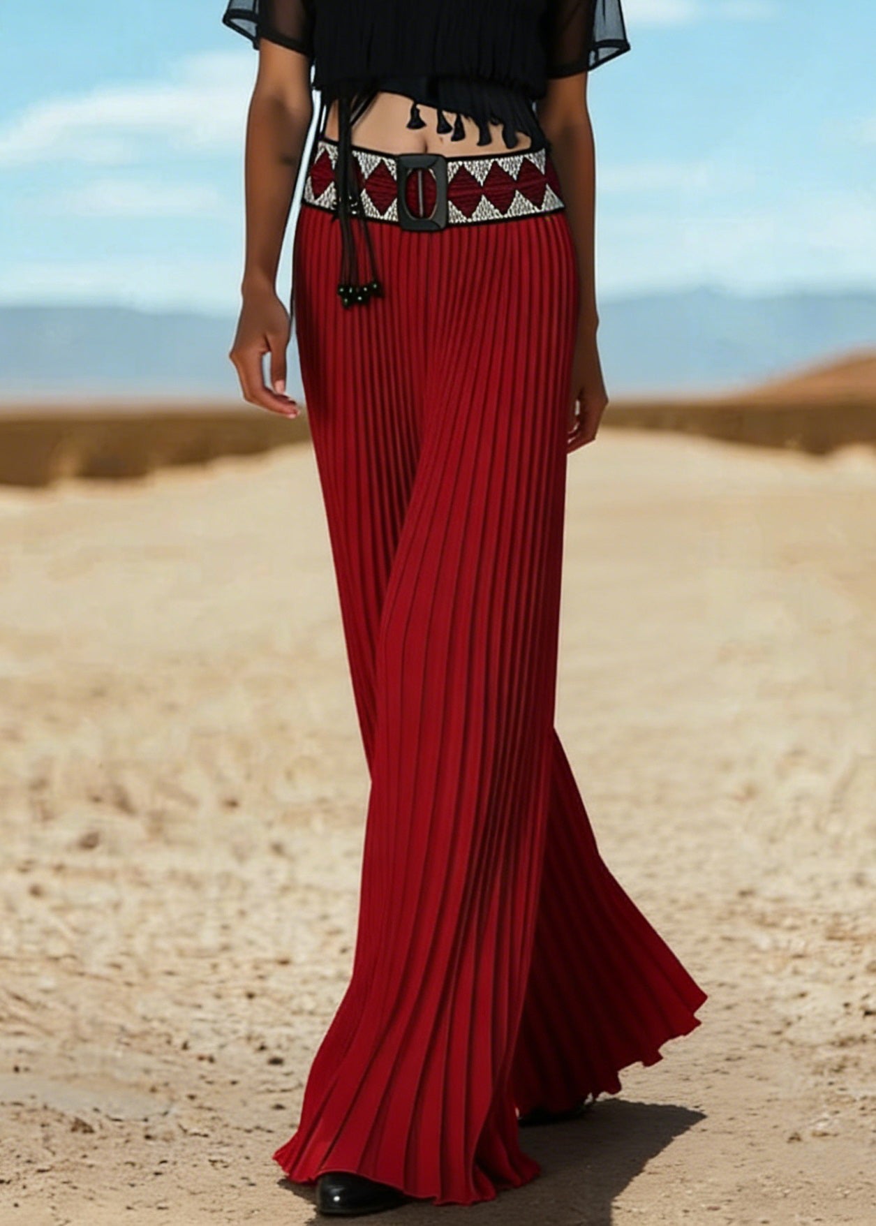 New Red Wrinkled Knit Patchwork Wide Leg Pants Summer