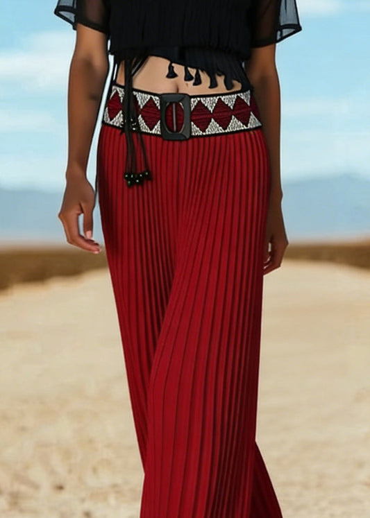 New Red Wrinkled Knit Patchwork Wide Leg Pants Summer