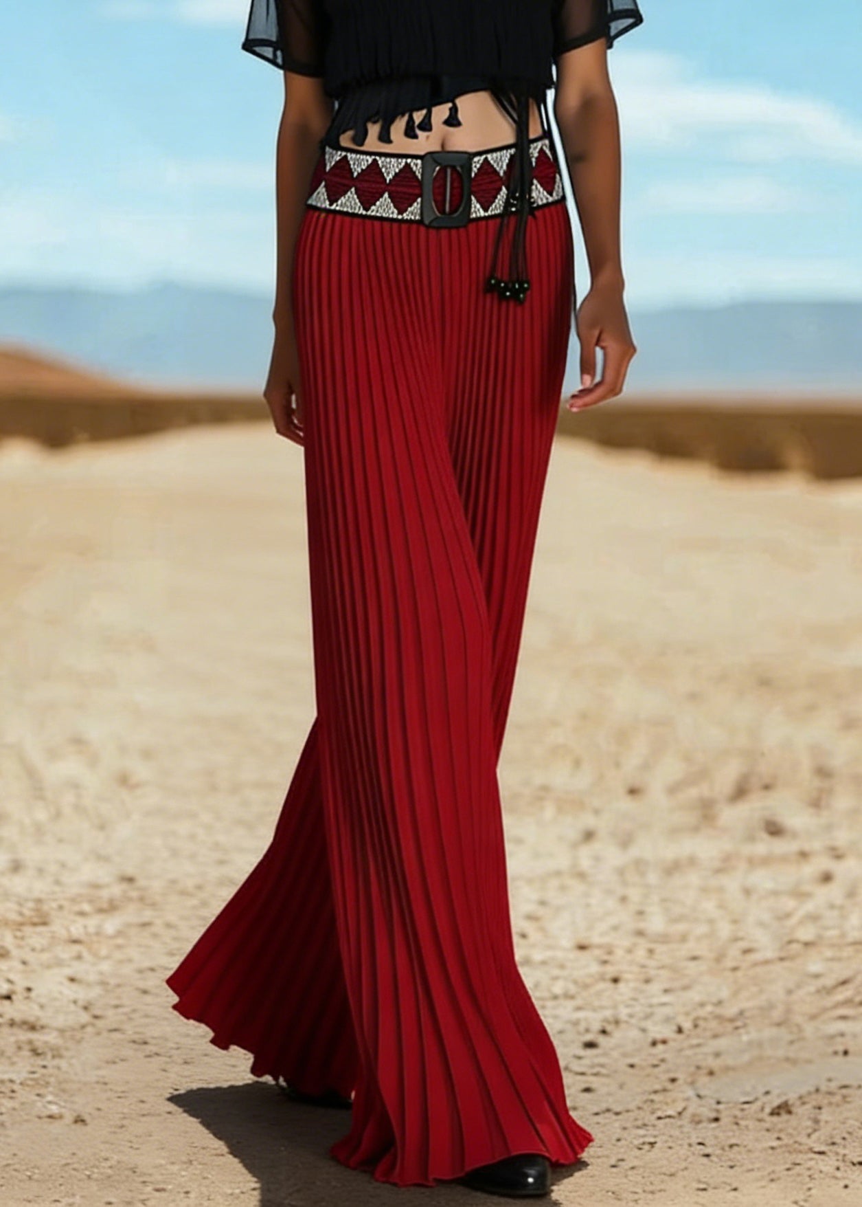 New Red Wrinkled Knit Patchwork Wide Leg Pants Summer