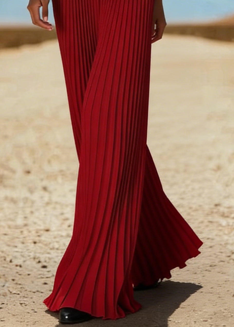 New Red Wrinkled Knit Patchwork Wide Leg Pants Summer