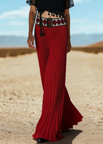 New Red Wrinkled Knit Patchwork Wide Leg Pants Summer