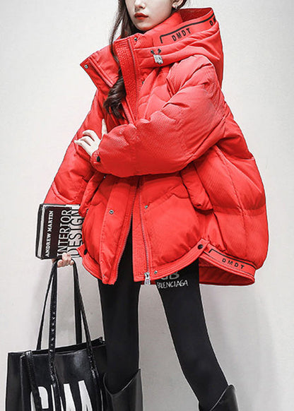 New Red Zippered Drawstring Oversized Duck Down Coats