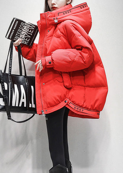 New Red Zippered Drawstring Oversized Duck Down Coats