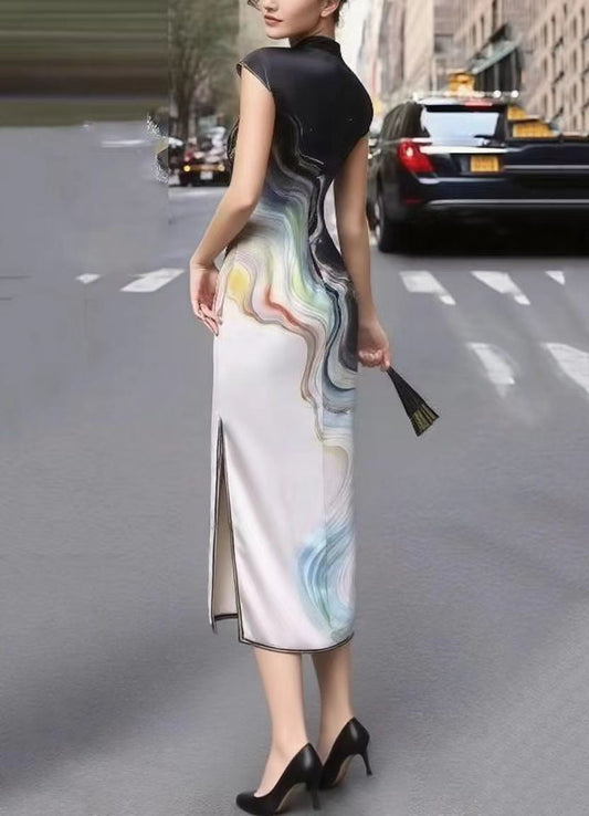 New Retro Black Print Silk Oriental Womens Dress Summer