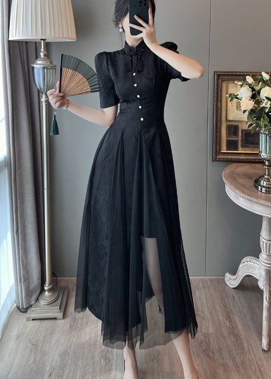 New Retro Black Puff Sleeve Patchwork Tulle Dress Summer
