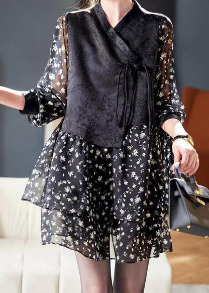 New Retro Black Tasseled Patchwork False Two Pieces Chiffon Dress Summer