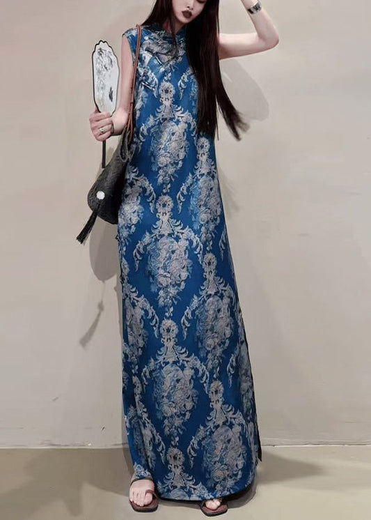 New Retro Blue Print Side Open Silk Oriental Dress Summer