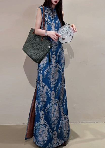 New Retro Blue Print Side Open Silk Oriental Dress Summer