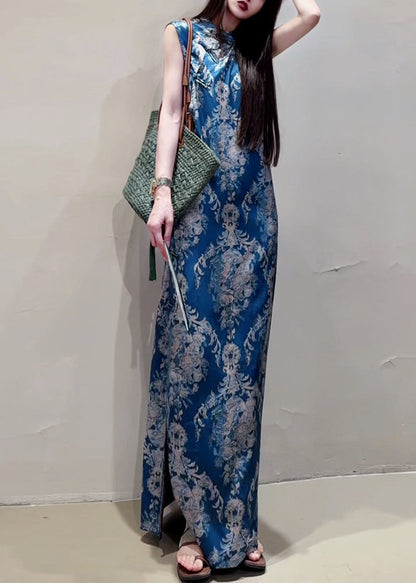 New Retro Blue Print Side Open Silk Oriental Dress Summer