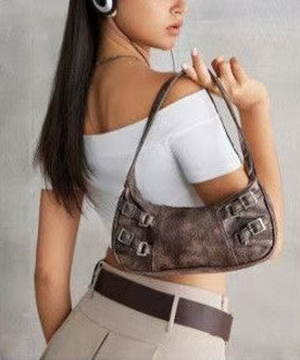 New Retro Brown Tie Dye Side Pockets Faux Leather Shoulder Handbag