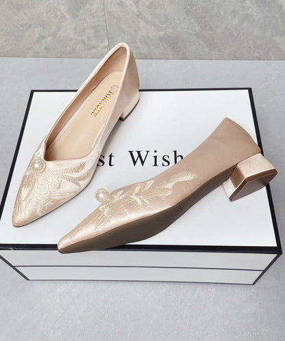 New Retro Chunky Flat Feet Shoes Apricot Satin Embroidered Pointed Toe