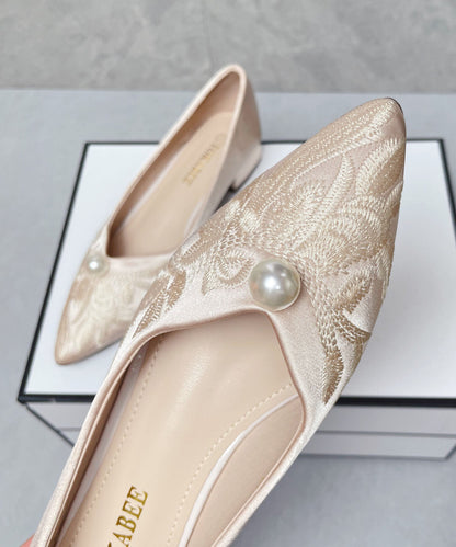 New Retro Chunky Flat Feet Shoes Apricot Satin Embroidered Pointed Toe