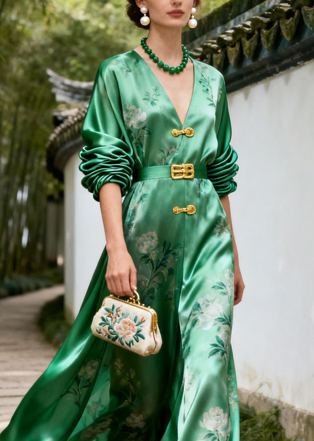 New Retro Green V Neck Print Patchwork Silk Dresses Summer