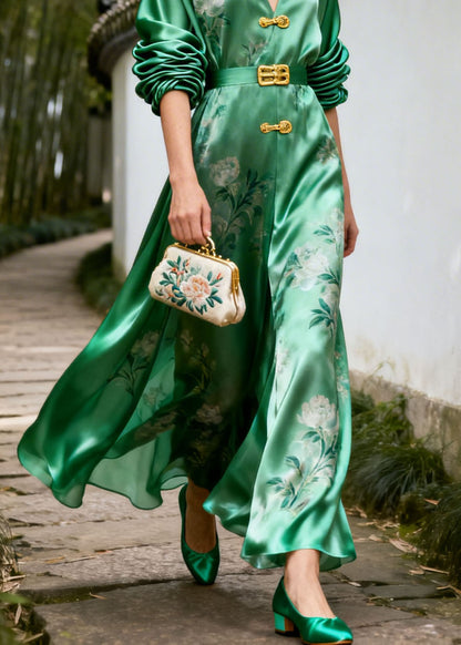 New Retro Green V Neck Print Patchwork Silk Dresses Summer
