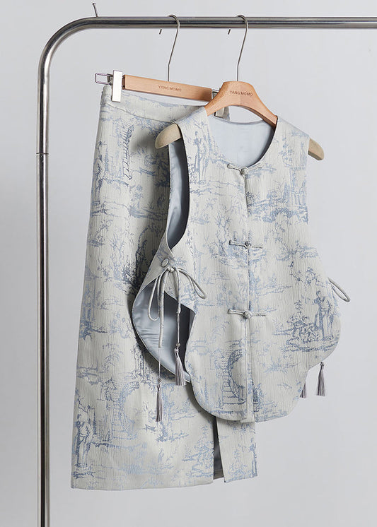 New Retro Grey Jacquard Cotton Two Pieces Set Fall