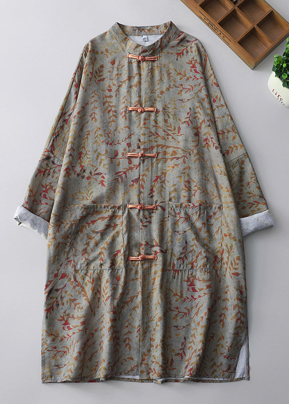 New Retro Khaki Print Chinese Button Oriental Dresss Spring