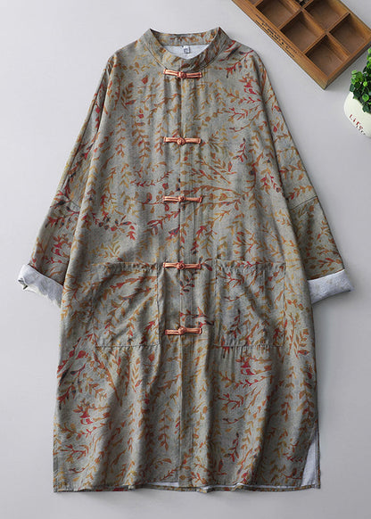 New Retro Khaki Print Chinese Button Oriental Dresss Spring