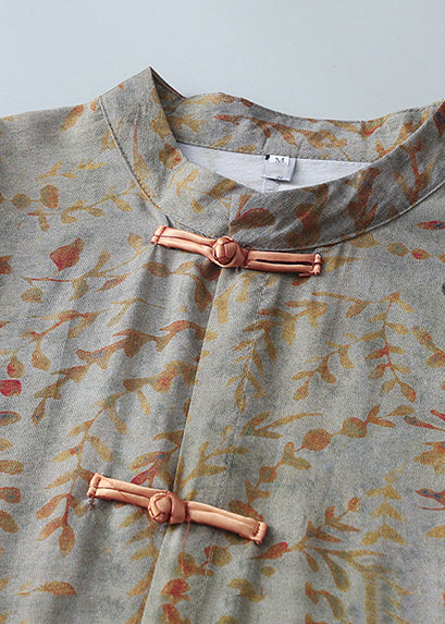 New Retro Khaki Print Chinese Button Oriental Dresss Spring