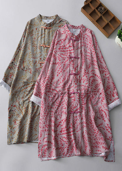 New Retro Khaki Print Chinese Button Oriental Dresss Spring