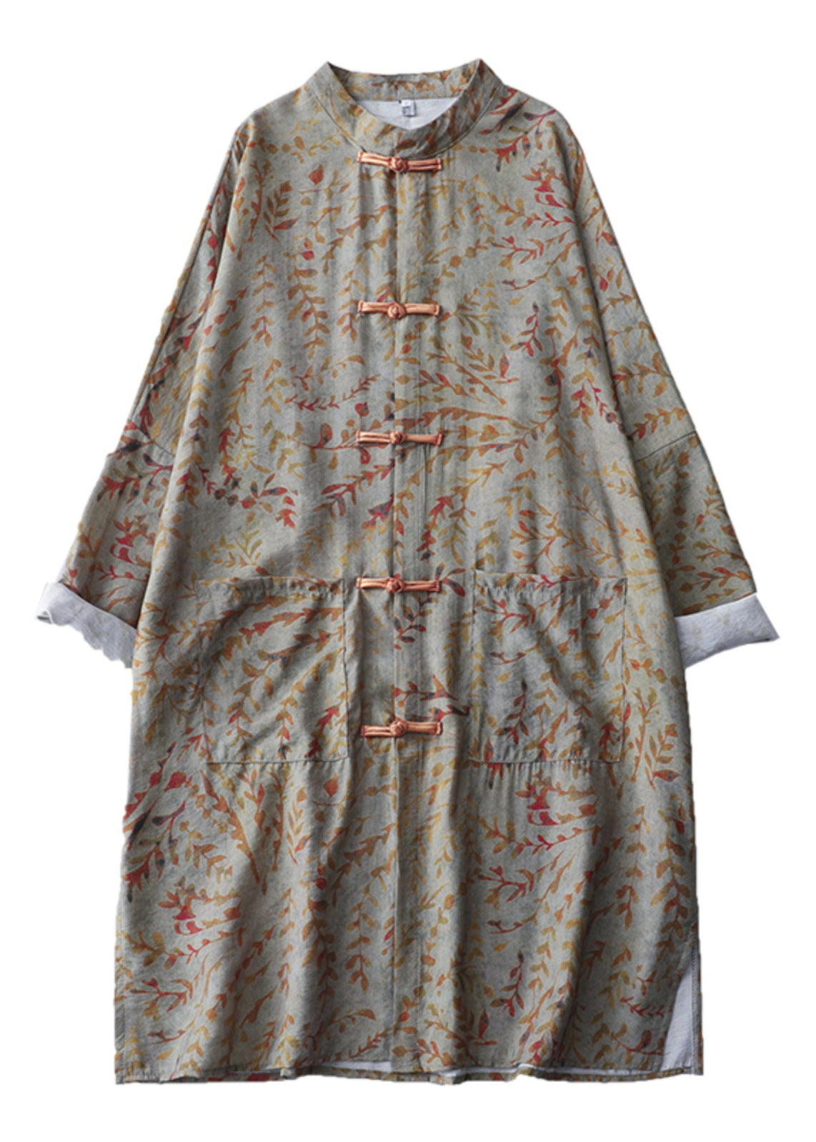 New Retro Khaki Print Chinese Button Oriental Dresss Spring