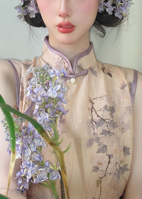 New Retro Khaki Print Cotton Cheongsam Dresses Sleeveless