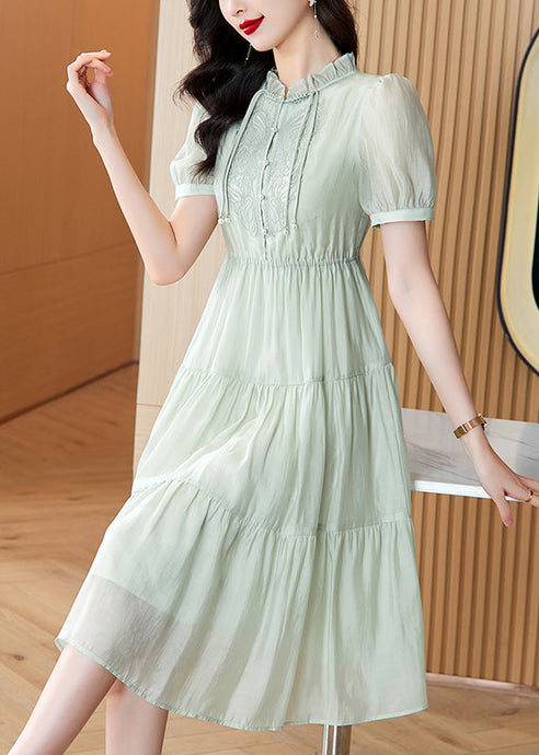 New Retro Light Green Ruffled Tasseled Embroidered Cotton Dress Summer