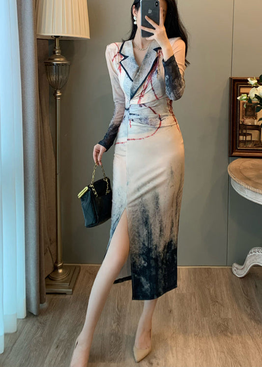 New Retro Notched Tie Dye Side Open Dress Summer