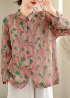 New Retro Pink Peter Pan Collar Print Chinese Button Cotton Shirts Top Fall