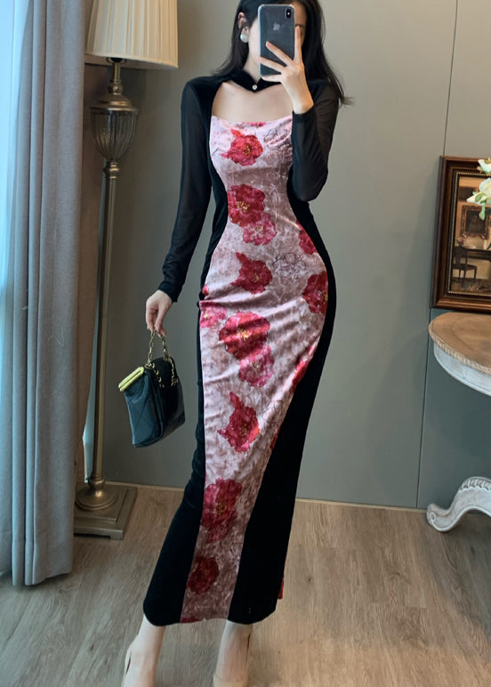 New Retro Pink Print Patchwork Silk Velvet Vacation Dresses Fall