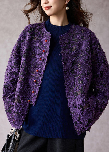 New Retro Purple O Neck Jacquard Cotton Coat Spring