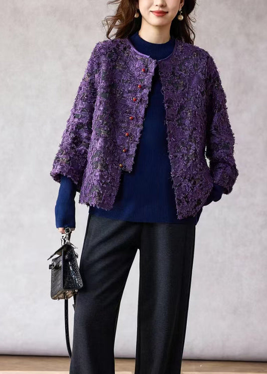 New Retro Purple O Neck Jacquard Cotton Coat Spring