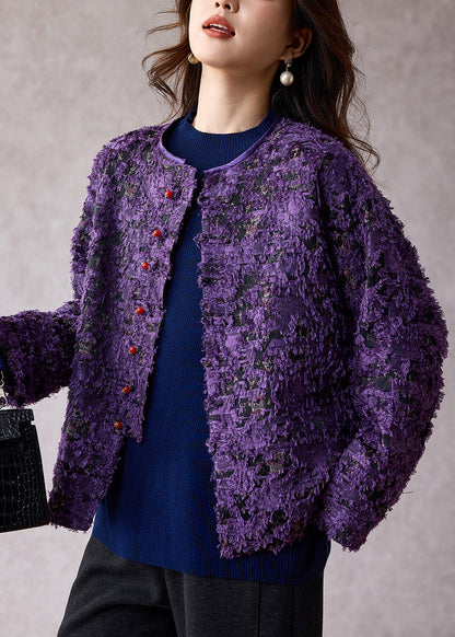 New Retro Purple O Neck Jacquard Cotton Coat Spring