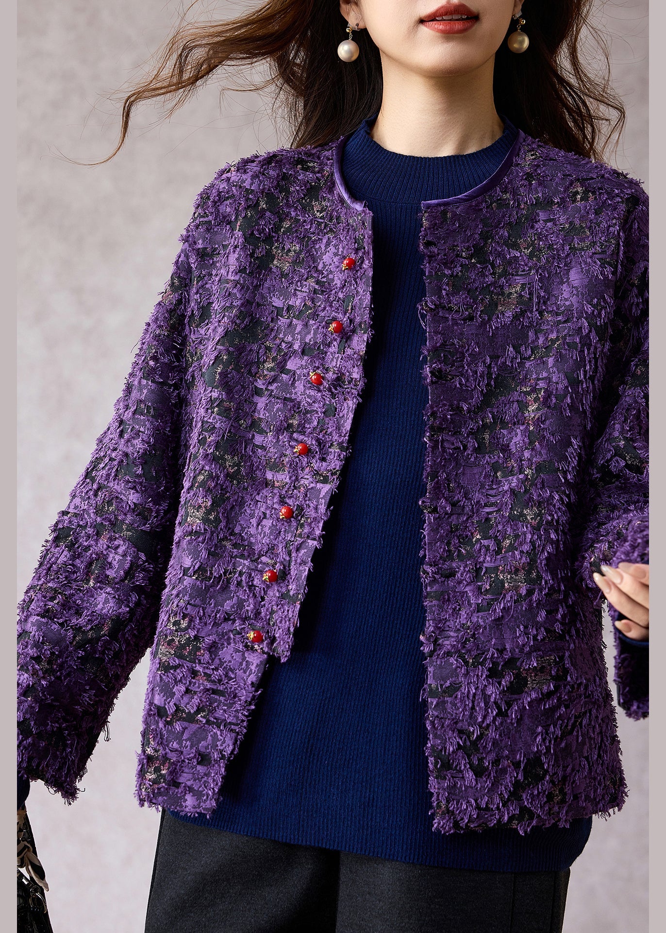 New Retro Purple O Neck Jacquard Cotton Coat Spring