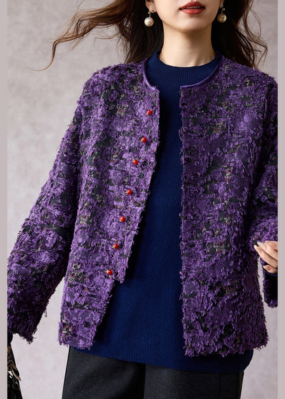 New Retro Purple O Neck Jacquard Cotton Coat Spring