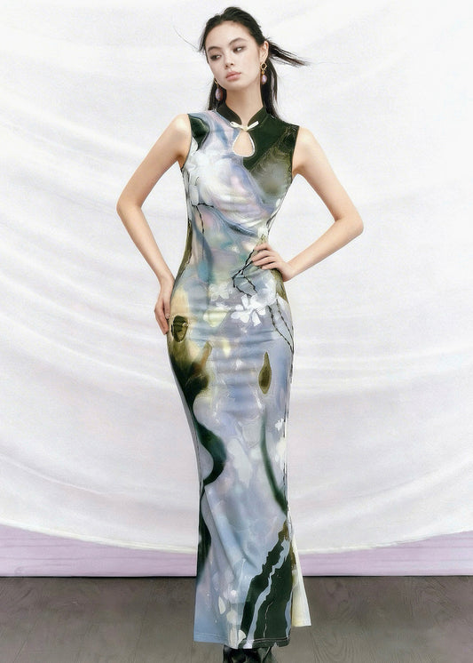 New Retro Purple Stand Collar Print Slim Tulle Dress Summer
